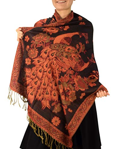 Peach Couture Floral Peacock Reversible Shimmer Layered Pashmina Wrap Shawl Scarf