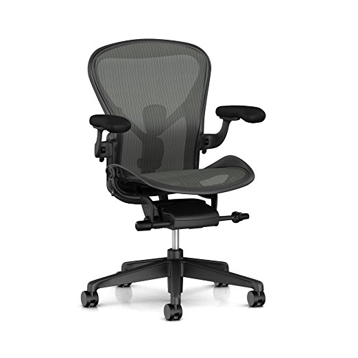 Herman Miller Aeron Task Chair: Tilt Limiter/Seat Angle - PostureFit SL - Fully Adj Arms - Black Vinyl Armpad - Carpet Caster