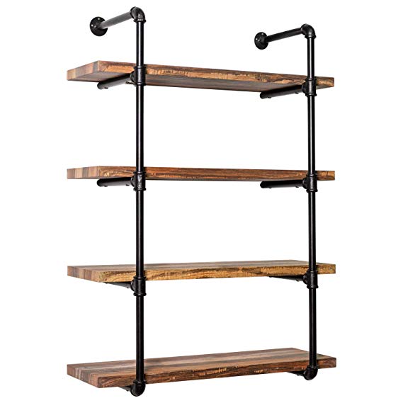 IRONCK Wall Shelf 4-Tier Pipe Shelf, Wood and Metal Frame,Industrial Shelving for Kitchen, Bedroom, Living Room,Home Decor Rustic Wall Decor