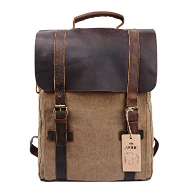 S-ZONE Retro Canvas Leather School Travel Backpack Rucksack 15.6-inch Laptop Bag