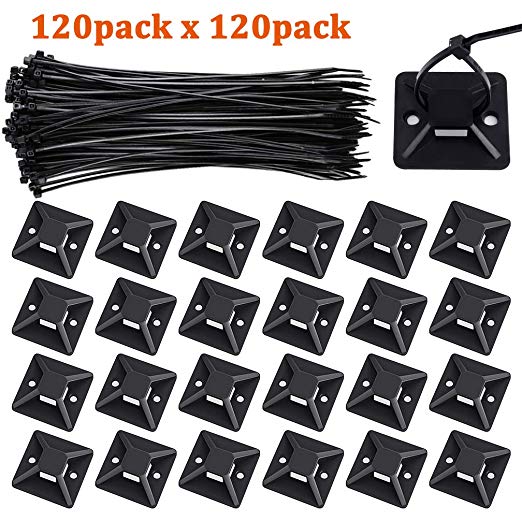 Zip Ties and Mounts, Viaky 120 Pcs 8 Inch Self-Locking Nylon Cable Ties with 120 Pcs Adhesive-Backed Mounts Screw Hole Anchor Wire Tie Base(1.1" x 1.1"), Black