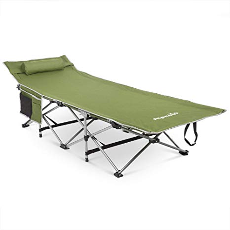 Alpcour Folding Camping Cot Comfortable Pillow, Side Pocket Convenience Carry Bag - Army Green - Strong Stable Collapsible Folding Camping Cot Camping, Traveling Home Lounging