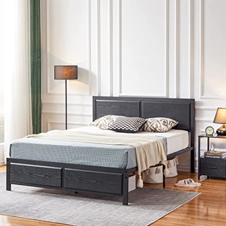 VECELO Queen Size Platform Bed Frame with Black Wood Headboard, Mattress Foundation, Strong Metal Slats Support, No Box Spring Needed