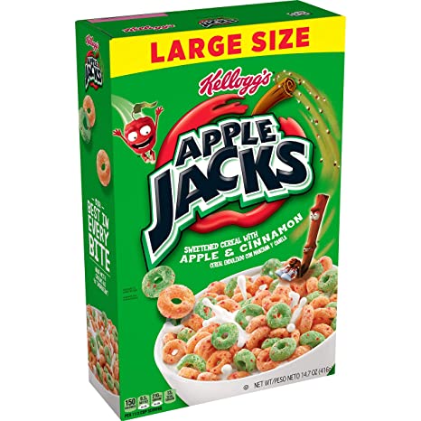 Kellogg's Apple Jacks, Breakfast Cereal, Original, Good Source of 8 Vitamins and Minerals, Large Size, 14.7oz Box