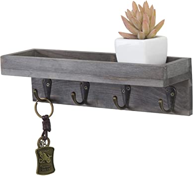 MyGift Vintage Grey Wood Wall Mounted Entryway Shelf with 4 Antique Metal Hooks