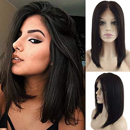 Glueless Lace Front Bob Wigs 100% Brazilian Remy Human Hair Medium Short Straight Pre Plucked Wig Natural with Baby Hair for Women 130% Density(1B Black,12inch,Middle Part)