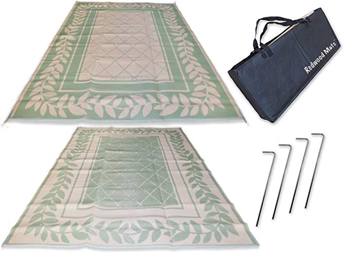 Redwood Mats Patio Mat 9' X 12' Leaf Green Rv Mat Reversible Outdoor Rug Camping Indoor (with Ground Stakes & Carry Bag)