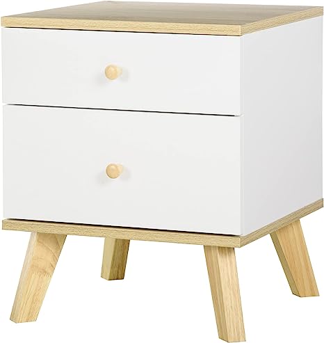 HOMCOM Table de Chevet avec 2 tiroirs Blanc scandinave et Effet Bois 40 L x 40 l x 49 H cm