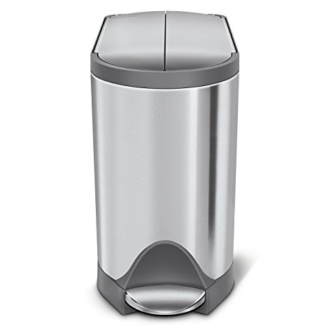 simplehuman 10 Liter / 2.6 Gallon Butterfly Lid Bathroom Step Trash Can, Brushed Stainless Steel With Grey Trim