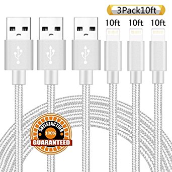 Suanna Lightning Cable, 3Pack 10FT Certified Nylon Braided Cord iPhone Cable Certified to USB Charging Cable for iPhone 7, 7 Plus, 6S, 6 , SE, 5S, 5, iPad Air/Mini, iPod Nano 7 - Sliver