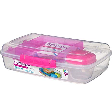 Sistema 216713 To Go Collection Bento Box, 7.4 Cup Large Clear/Pink Klips