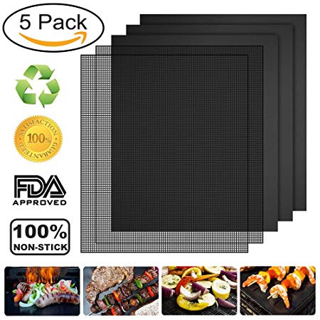 Vivibel 5 Pack BBQ Grill & Mesh Mats，100% Non-stick 3 Grill Mats and 2 Mesh Mats for Steaks,Vegetables, Fish, Shrimp,FDA-Approved, Reusable and Easy to Clean,15.75 x 13 Inch