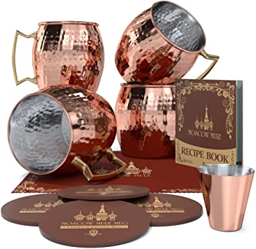 Krown Kitchen - Hammered Moscow Mule Copper Mug Set of 4| Stainless Steel Lining | 16 oz