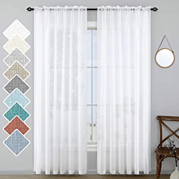 White Curtains 108 Inch Long for Living Room Set 2 Panel Rod Pocket Light Filtering Window Drape Faux Linen Semi Sheer Curtains for Bedroom Outdoor Patio Sliding Glass Extra High Ceiling 52x108 Length