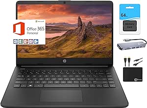 HP Newest 14" HD Light Thin Laptop Student Business, Quad-Core Intel N4120, 4GB RAM, 128GB (64GB eMMC  64GB SD), Webcam, Wi-Fi, Long Battery, Windows 11S   1 Year Office 365, Black MarxsolAccessory