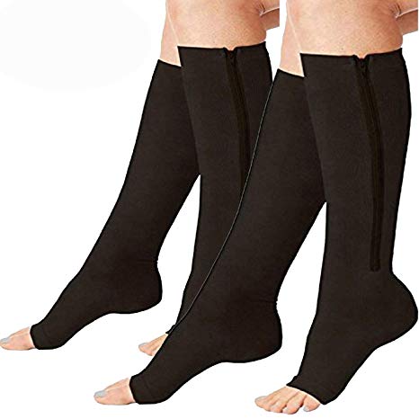 2 Pairs Compression Socks Toe Open Leg Support Stocking Knee High Socks with Zipper