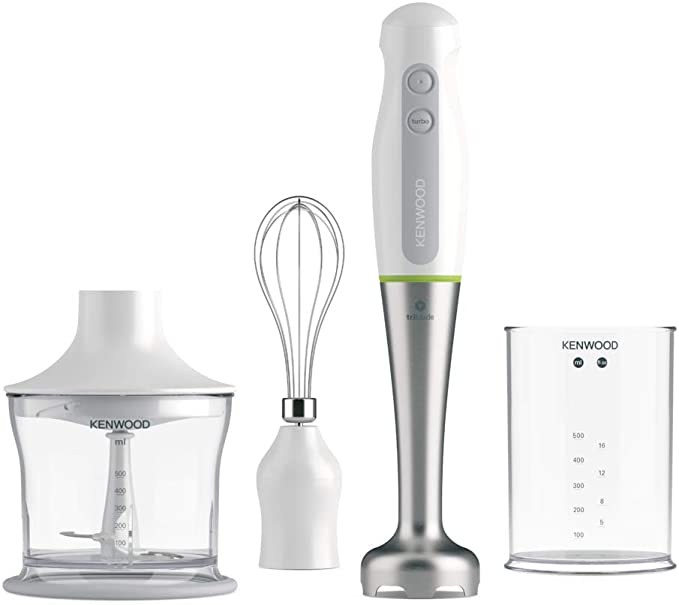 Kenwood Triblade System Hand Blender, Mixer with Anti-splash, 0.5 Litre BPA-free Plastic Beaker, 0.5 Litre Chopper, Stainless Steel Whisk, 600 W, HDP109WG, White