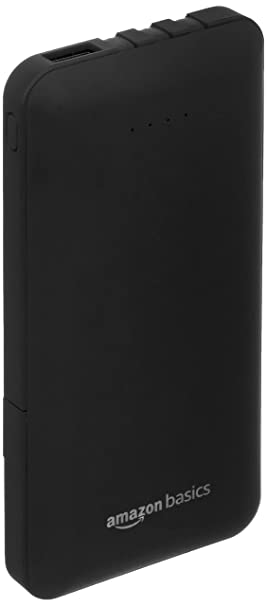 Amazon Basics 10000mAH Lithium Polymer Power Bank | 3 Charging Cables Included | Four Way Output (Micro USB, Type C, iPhone Cables and 1 USB Port), Dual Input (Type C, Micro USB) | Black