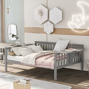 Harper & Bright Designs Full Size Daybed, Wooden Full Daybed Frame with Small Foldable Table, Wood Slat Support, No Box Spring Needed, Grey