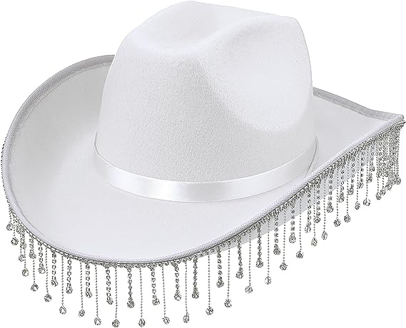 Malaxlx Cowgirl Hat with Bling Rhinestone Fringe Western Cowboy Hat for Women Girls Bridal Wedding Party Costume Accessories