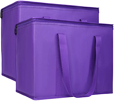 2 Insulated Reusable Grocery Bag with Zippered Top, XL, Large, Frozen Foods Cold, Cooler Shopping Accessories, Insullated Bags, Purple