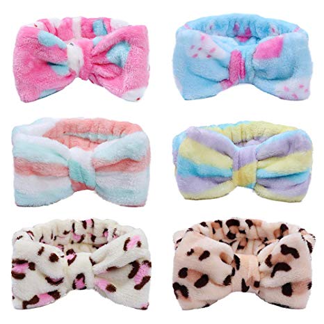 Bow Hair Bands for Women - 6 Pack Soft Carol Fleece Headband Hairlace Elastic Hair Band for Makeup Washing Face Shower Spa Mask