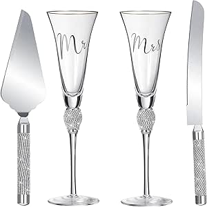 Boao 4 Piece Wedding Toasting Flutes and Cake Server Set Wedding Reception Supplies Champagne Glasses Cake Knife Pie Server (Silver)