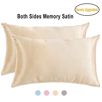 Memory Satin Pillowcases for Hair and Skin-Hypoallergenic,Wrinkle Free,Iron Free and Anti-snugging,Envelope Closure Easy to Disassemble and Wash-Resistant,Queen Size 20x30 inch Champagne - 2 Pack