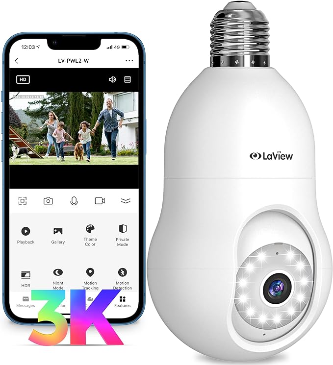 5MP QHD Bulb Security Camera 2.4GHz, 360° 3K Security Cameras Wireless Outdoor Indoor Full Color Day and Night, AI Motion Detection, Audible Alarm, Easy Installation, Compatible with Alexa