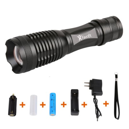 Favofit Outdoor Bright CREE XM-L2 T6 LED Flashlight With 18650 Rechargeable Battery, Charger, AAA Battery Adapter, Free Bonus Bicycle Mount (Zoom)