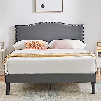 VECELO Queen Bed Frame Platform Bed Frame with Upholstered Headboard, Strong Frame and Wooden Slats Support, Strong Weight Capacity, Non-Slip and Noise-Free, Easy Assembly,Dark Grey