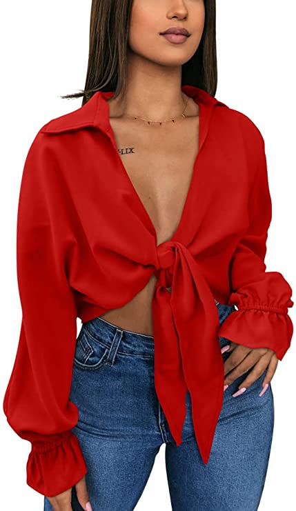 GOBLES Womens Summer Short Sleeve Shirts V Neck Tie Knot Batwing Blouses Tops