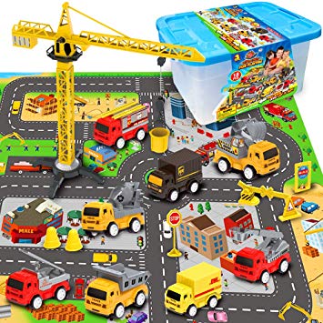 EXERCISE N PLAY Mini Fire Fighting Truck Transport Delivery Truck Construction Vehicle Play Set with a Kid Play Car City Map (28” x 31”), Engineering Vehicle Toy Play Cars for Kids, Boys or Girls
