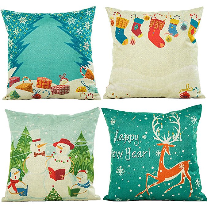 HOSL PSD16 Merry Christmas Series Cotton Linen Square Decorative Sofa Car Throw Pillow Case Cushion Cover (Set of 4)