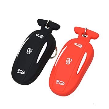Fontic Set of 2 Rubber Silicone Smart Key Fob Remote Cover Case Holder Protectors for the Tesla Model X P90d (Black&Red)