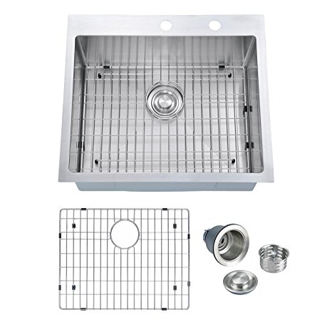 PRIMART PHT2522S 25-Inch Handmade Topmount 16 Gauge Stainless Steel Single Bowl Drop-in Kitchen Sink With 2 Faucet Hole, Bottom Grid & Drainer