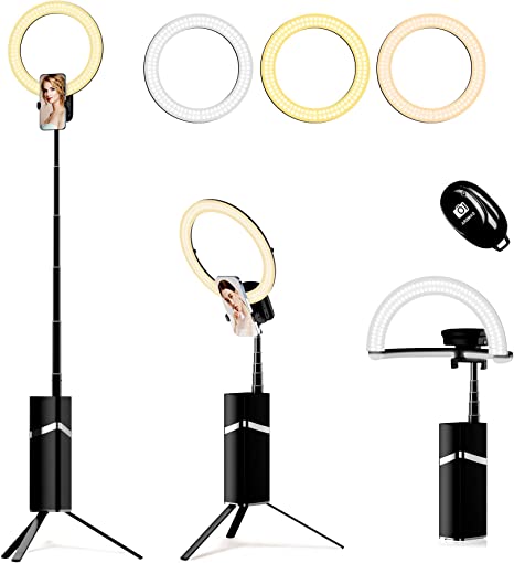 YENDILI Selfie Ring Light with Stand, 10" Travel Portable Led Ring Light with 76" Tripod Stand and 9 Dimmable Light for Video Online Class Live Streaming Makeup YouTube TikTok Vlog Zoom (Black)