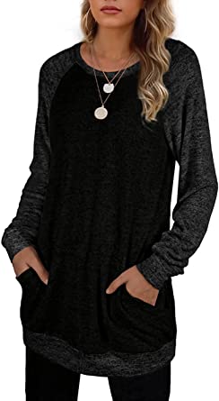 Aokosor Tops for Women Long Sleeve Color Block Tunic Loose Fit with Pocket