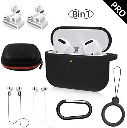 TOLUOHU AirPods Pro/3 Charging Case 8in1 for Airpods Pro Accessories Kits Protective Silicone Cover for Apple Airpod Gen3 Ring/Watch Band Airpods Pro Holder/Keychain/Carrying Box (Black)