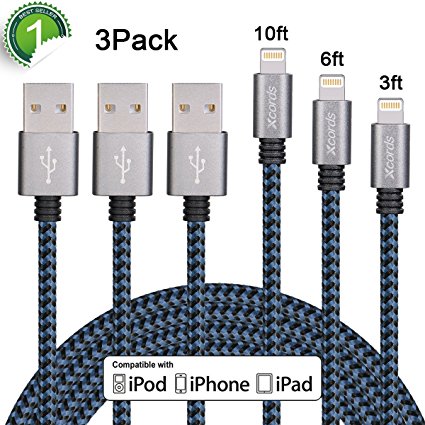 Xcords iPhone Cable 3Pack 3FT 6FT 10FT Nylon Braided 8 Pin Lightning to USB Charger Cable Compatible with iPhone 7/7 Plus/6/6 Plus/6s/6s Plus/5/5s/5c/SE/iPad(Blue/Black)