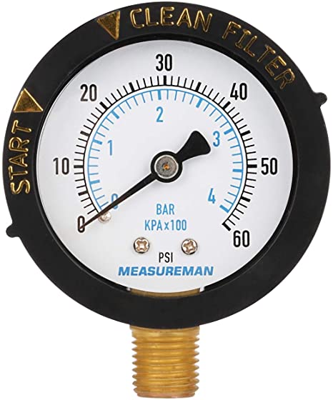 Measureman 2" Start and Clean Filter Pressure Gauge, Swimming Pool Filter Pressure Gauge, Spa, Aquarium, Water Pressure Gauge, 1/4"NPT Lower Mount 0-60Psi/bar