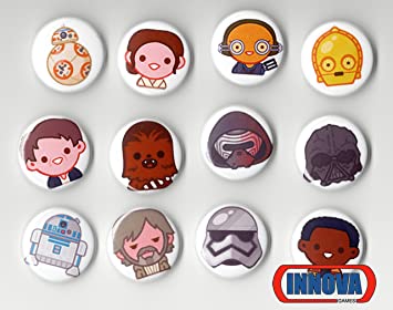 INNOVA Star Wars Force Awakens Button Set (Pack of 12) Chibi Emoji Cute BB-8 Rey Kylo Ren Finn Luke Party Favor Pin Backpack