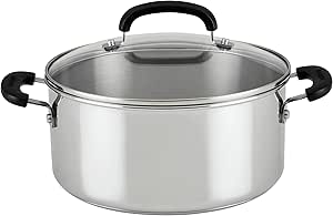 Farberware Brilliance Stainless Steel Dutch Oven/Casserole Pan with Glass Lid, 5 Quart, Dishwasher Safe and Induction Ready, Compatible with All Cooktops, Stainless Steel