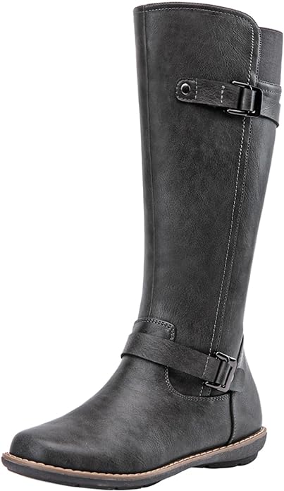 Jeossy Women's 9655 Knee High Boots Flat Riding Boots Buckle Tall Boots with Zipper for Women