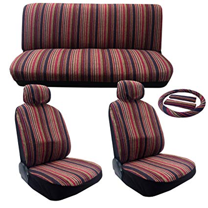 Saddle Blanket Seat Cover Set - Pink Stripes - 11pc Front Rear Headrests Steering Wheel Cover & Seat Belt Pads Classic Vintage Summer Colors Stripes