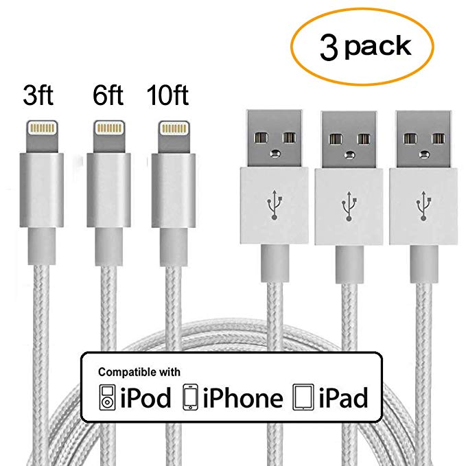 DeFitch Phone Charger 3Pack 3FT/6FT/10FT Nylon Braided 8 pin Charging Cables USB Charger Cord, Compatible iPhone 8/8 Plus/ 7/7 Plus/6s/6s Plus/6/6 Plus/5S//SE/iPad [Silver]