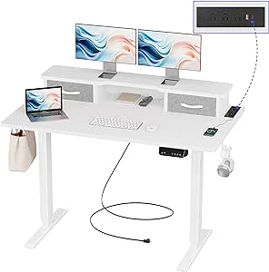 JOISCOPE 48 Inch Electric Standing Adjustable Height Desk with Double Drawer, Home Office Computer Gaming Desk with Storage Shelf and Power Outlets, Sit Stand Desk, White