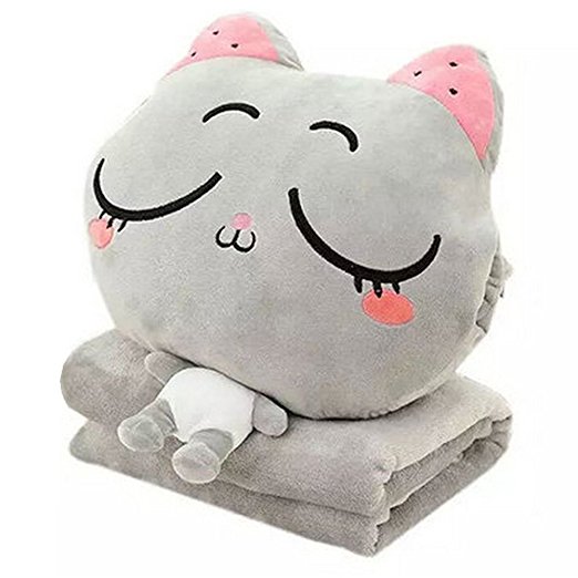 KOSBON 3 In 1 Cute Cartoon Plush Stuffed Animal Toys Throw Pillow Blanket Set with Hand Warmer Design.