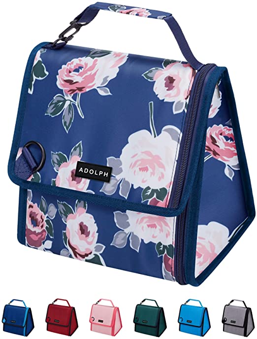 ADOLPH Expandable/Flexible Capacity Insulated Lunch Bag Reuable Leakproof Cooler Bag with Detachable Buckle Handle for Women Men Kids-Blue Flower