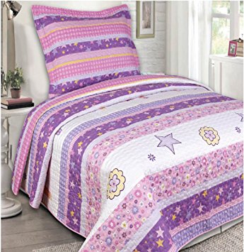 Mk Collection 2 Pc Bedspread Teens/girls Pink Purple Stars Flowers New